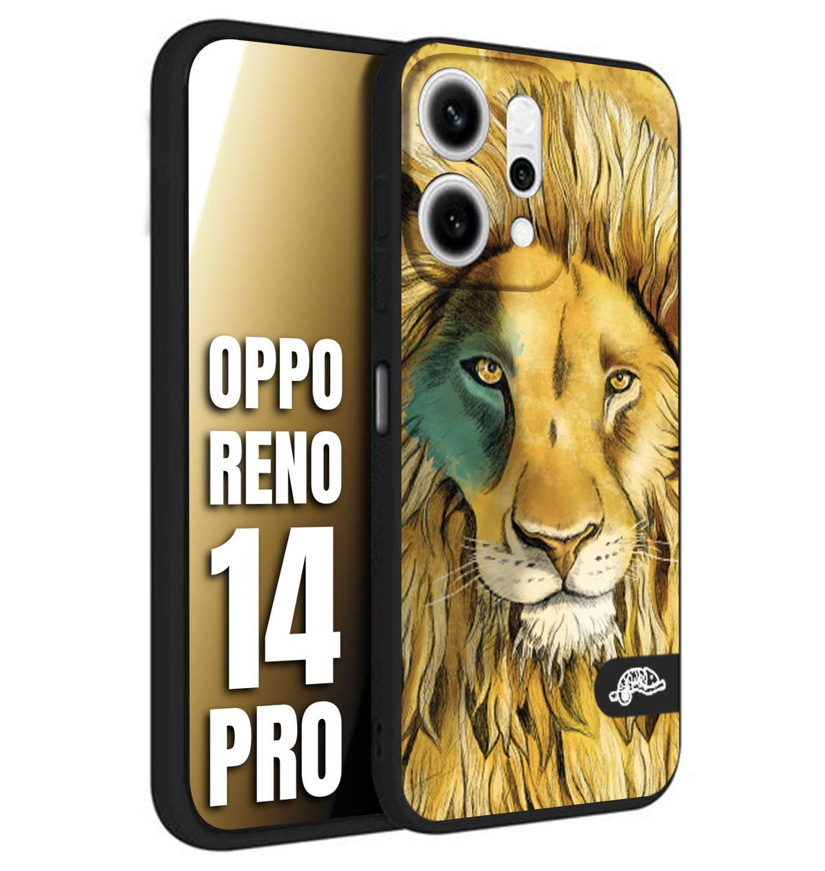 CUSTOMIZZA - Custodia cover nera morbida in tpu compatibile per Oppo Reno 14 PRO leone lion disegnato a mano giallo blu a rilievo artistico brown