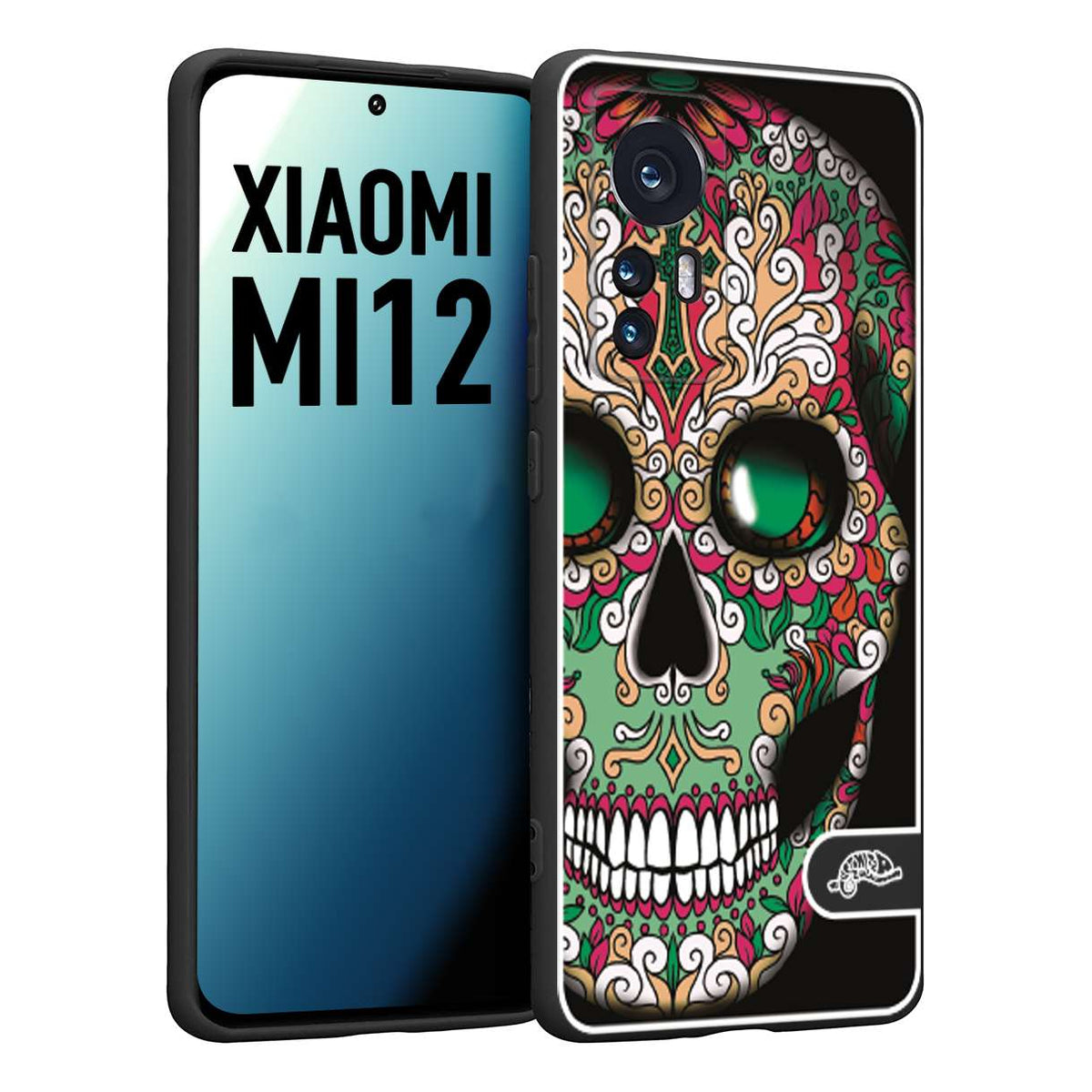 CUSTOMIZZA - Custodia cover nera morbida in tpu compatibile per Xiaomi 12 5G teschio messicano Mexican skull verde fucsia