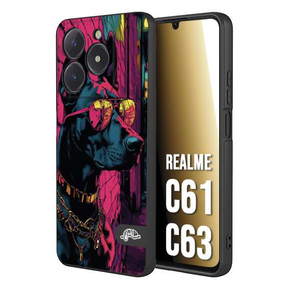 CUSTOMIZZA - Custodia cover nera morbida in tpu compatibile per Realme C61 - C63 animali cyberpunk dobermann cane street dog fucsia blu