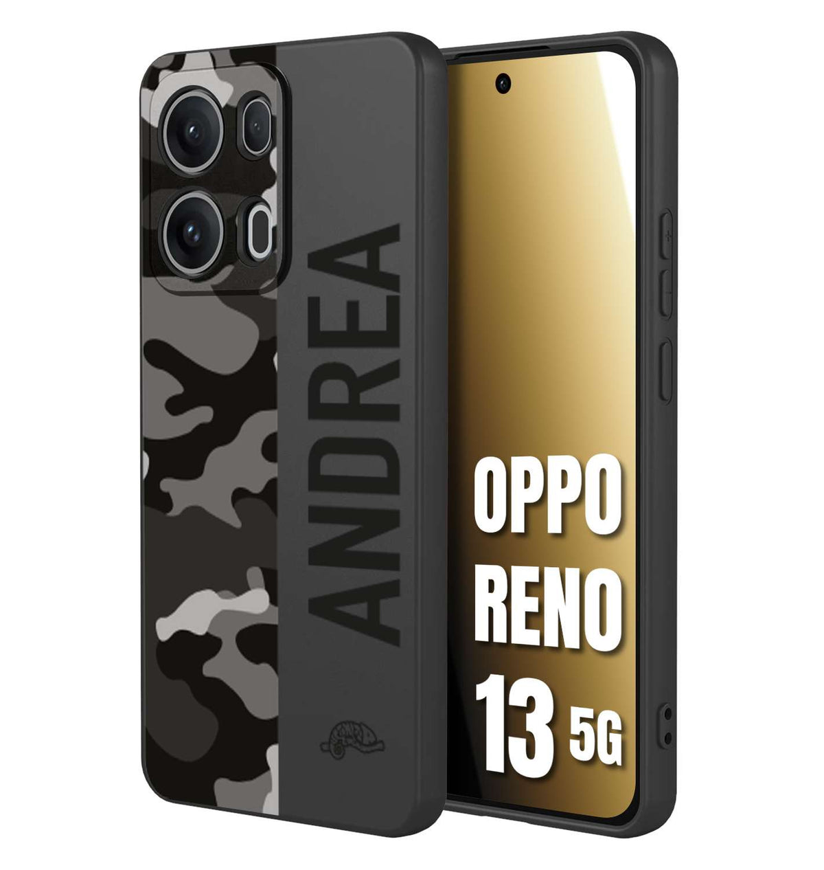 CUSTOMIZZA - Custodia cover nera morbida in tpu compatibile per Oppo Reno 13 5G camouflage mimetico militare personalizzata nome