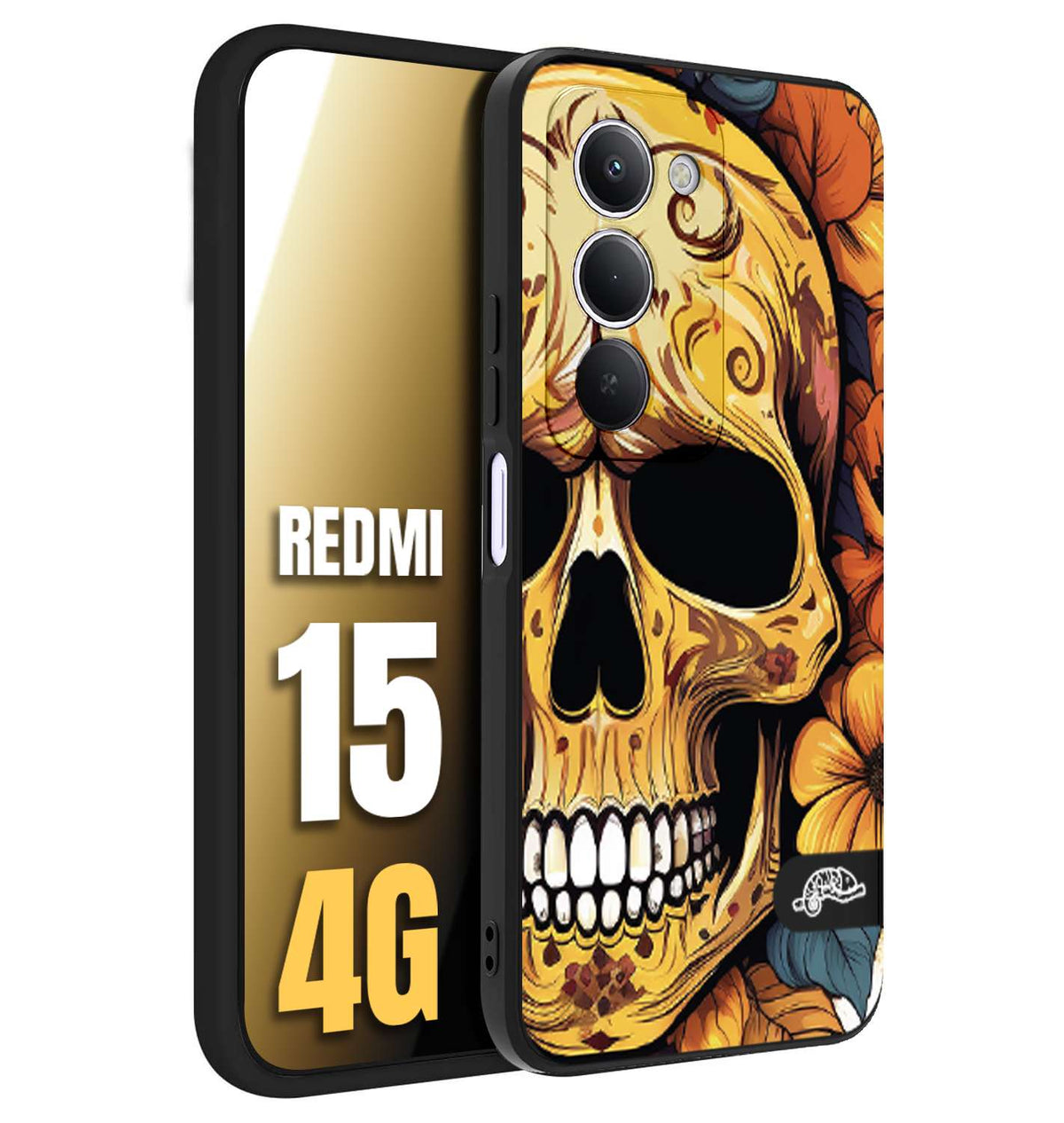 CUSTOMIZZA - Custodia cover nera morbida in tpu compatibile per Xiaomi Redmi 15 4G teschio messicano colorato dorato fiori autunnali disegnato