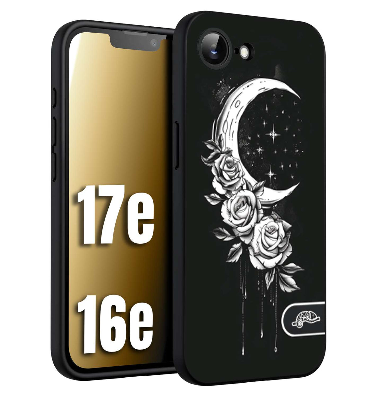 CUSTOMIZZA - Custodia cover nera morbida in tpu compatibile per iPhone 16E - 17E luna e fiori moon flowers black and white bianco a rilievo disegnato