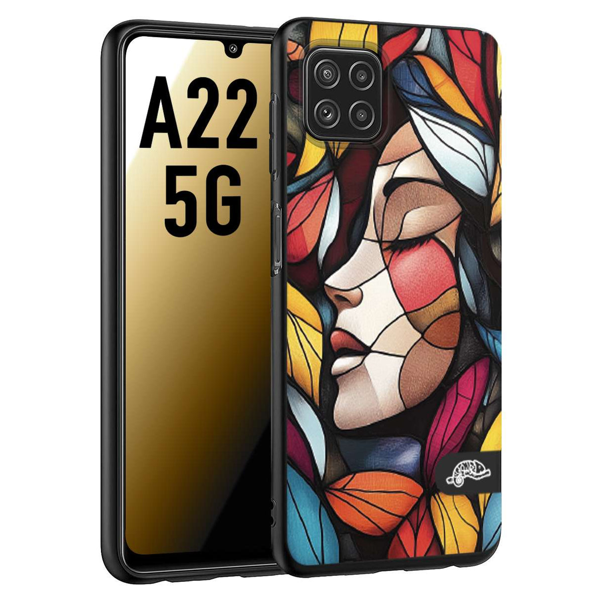 CUSTOMIZZA - Custodia cover nera morbida in tpu compatibile per Samsung A22 5G Vetrata artistica volto di donna profilo fogliare mosaico di vetro colorato