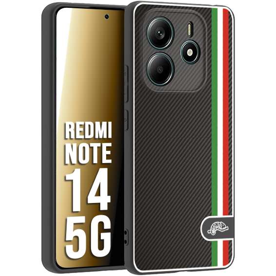CUSTOMIZZA - Custodia cover nera morbida in tpu compatibile per Xiaomi Redmi Note 14 5G effetto fibra di carbonio bandiera Italia made in Italy