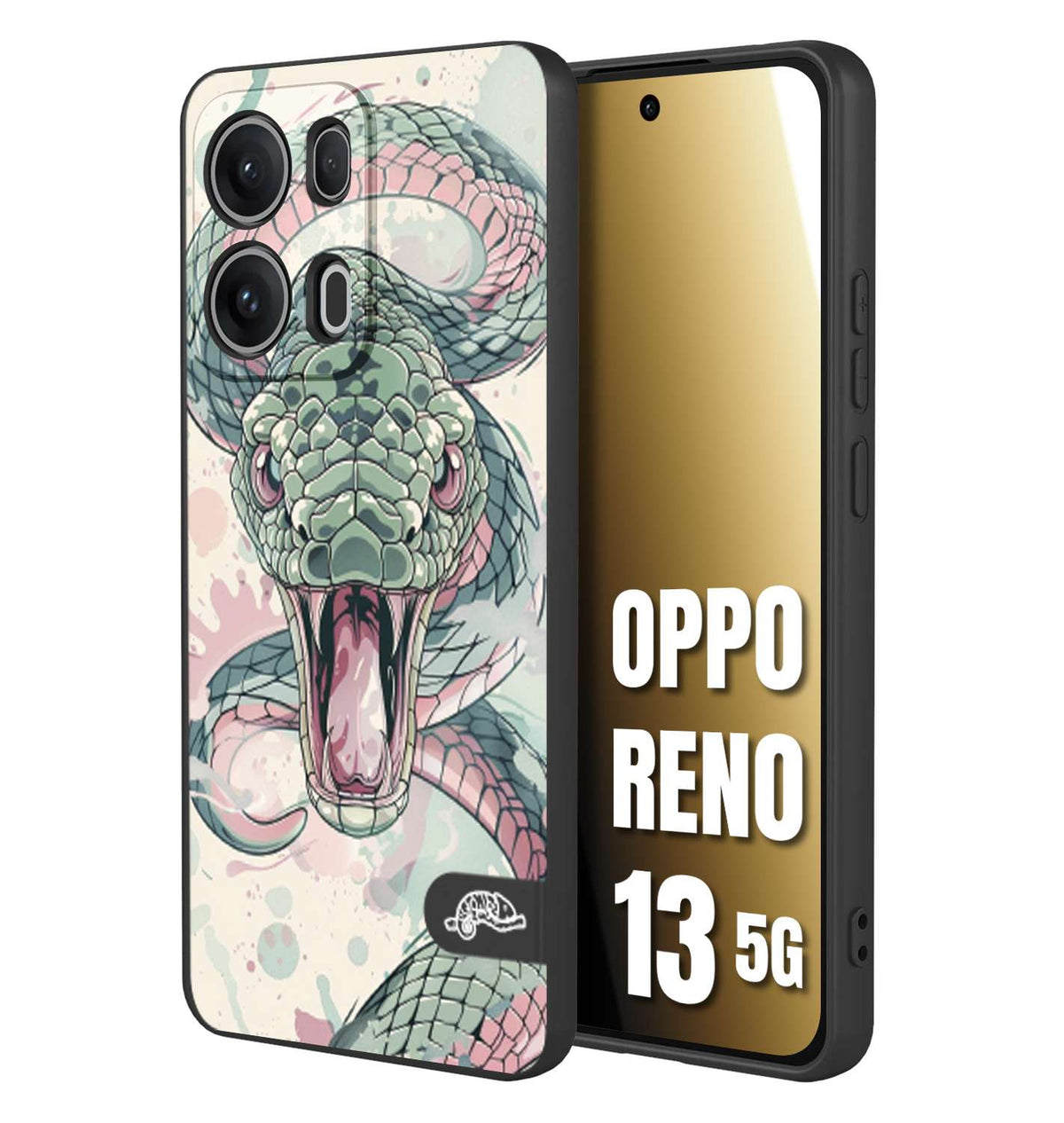 CUSTOMIZZA - Custodia cover nera morbida in tpu compatibile per Oppo Reno 13 5G snake pink green serpente tatuaggio tattoo disegnato a mano