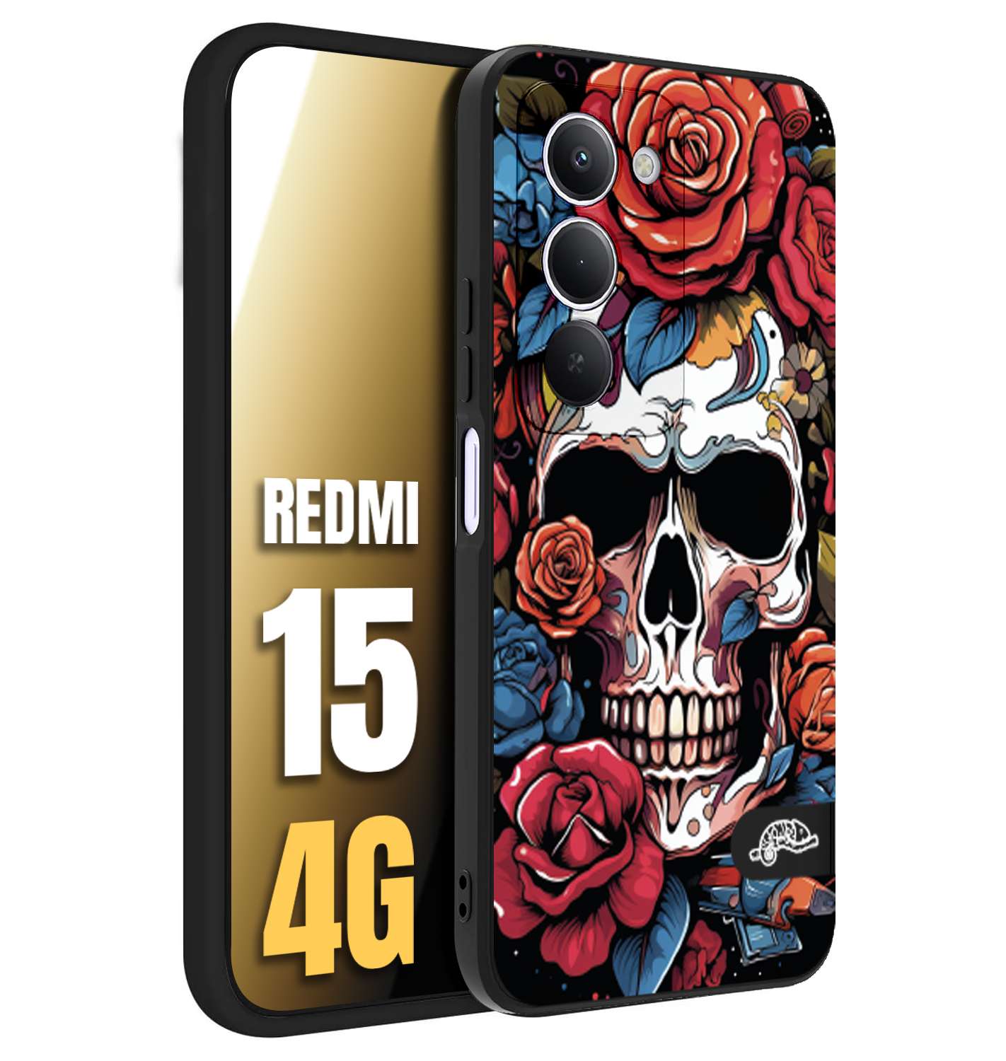 CUSTOMIZZA - Custodia cover nera morbida in tpu compatibile per Xiaomi Redmi 15 4G teschio skull flowers fiori rose rosse tattoo disegnato