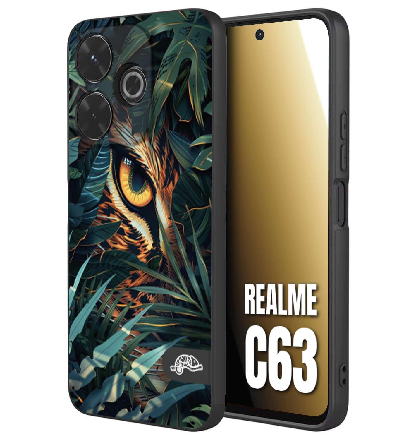 CUSTOMIZZA - Custodia cover nera morbida in tpu compatibile per Realme C63 animali color giungla tropicale occhio di giaguaro felino disegnato