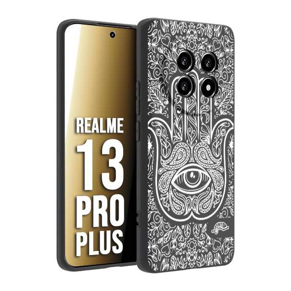 CUSTOMIZZA - Custodia cover nera morbida in tpu compatibile per Realme 13 PRO PLUS mano di fatima effetto rilievo mandala donna