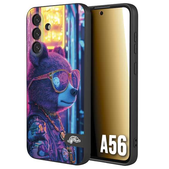 CUSTOMIZZA - Custodia cover nera morbida in tpu compatibile per Samsung A56 5G animali cyberpunk orsetto orso street bear fucsia blu night