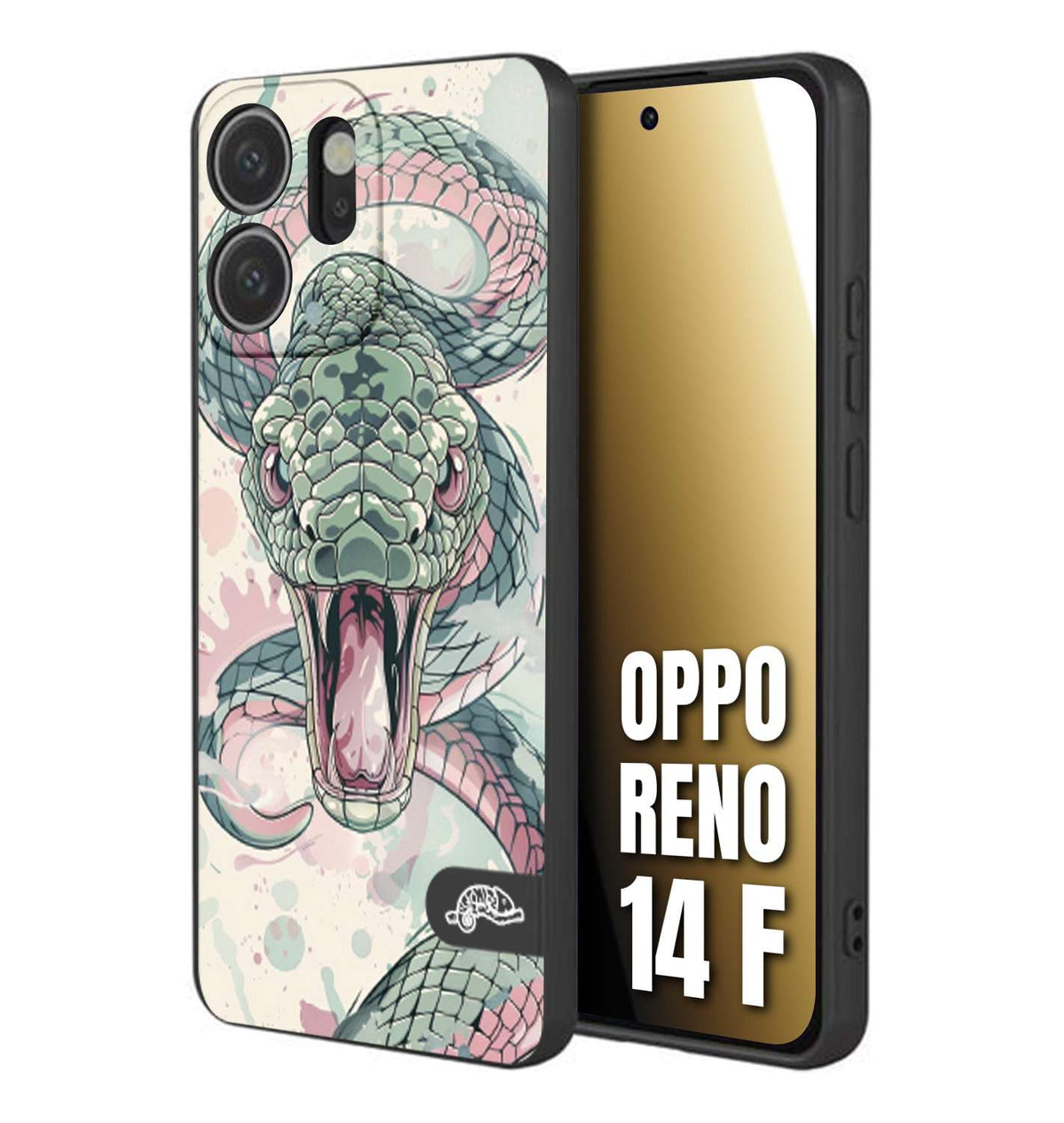 CUSTOMIZZA - Custodia cover nera morbida in tpu compatibile per Oppo Reno 14 F snake pink green serpente tatuaggio tattoo disegnato a mano