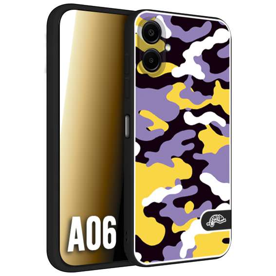 CUSTOMIZZA - Custodia cover nera morbida in tpu compatibile per Samsung A06 camouflage mimetico militare viola lilla giallo