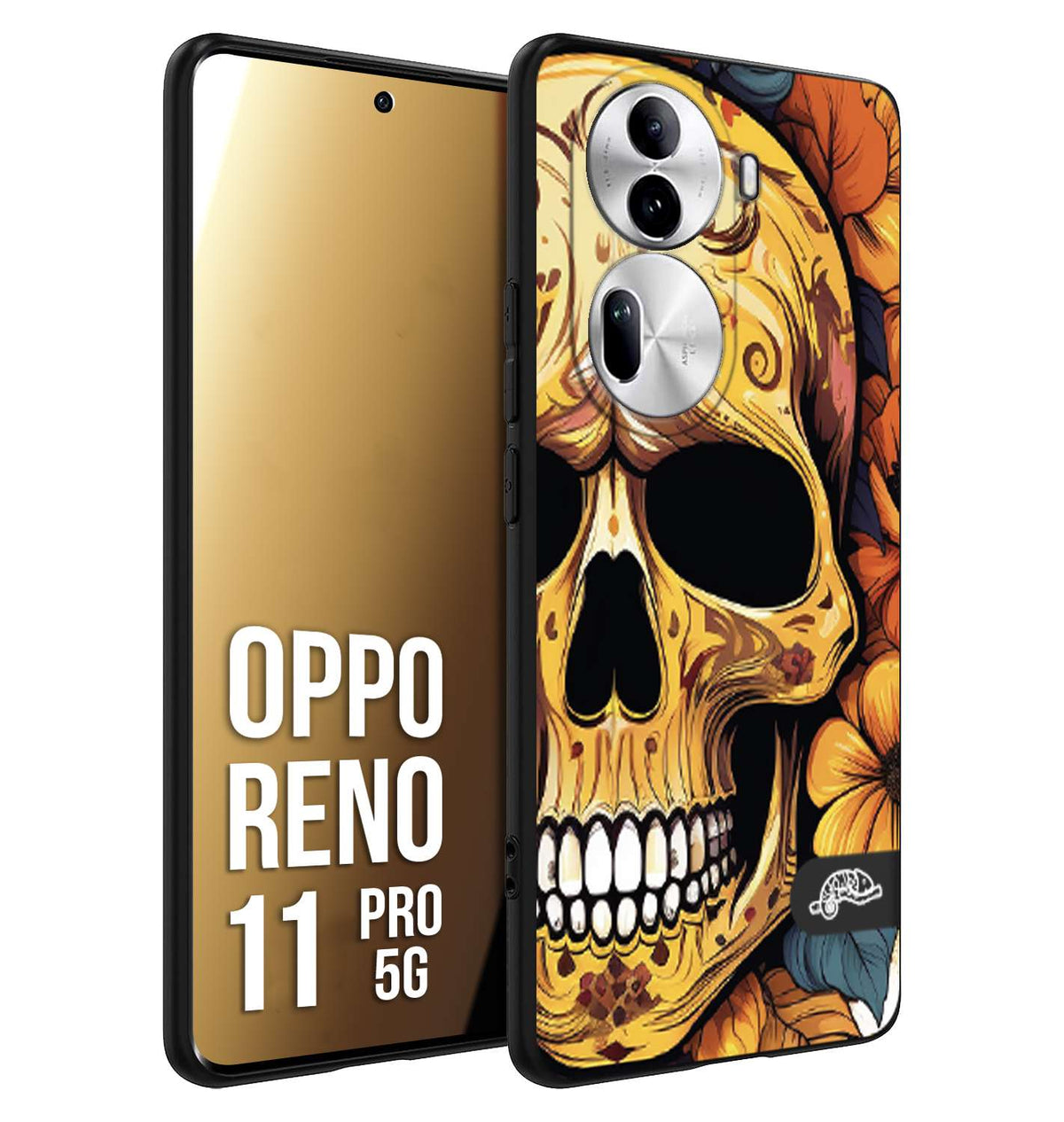 CUSTOMIZZA - Custodia cover nera morbida in tpu compatibile per Oppo Reno 11 PRO 5G teschio messicano colorato dorato fiori autunnali disegnato