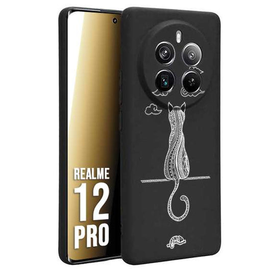 CUSTOMIZZA - Custodia cover nera morbida in tpu compatibile per Realme 12 PRO gatto mandala stilizzato gattino a rilievo soft touch donna bianca