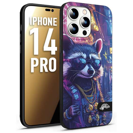 CUSTOMIZZA - Custodia cover nera morbida in tpu compatibile per iPhone 14 PRO animali simpatici cyberpunk procione racoon street cat fucsia blu giallo