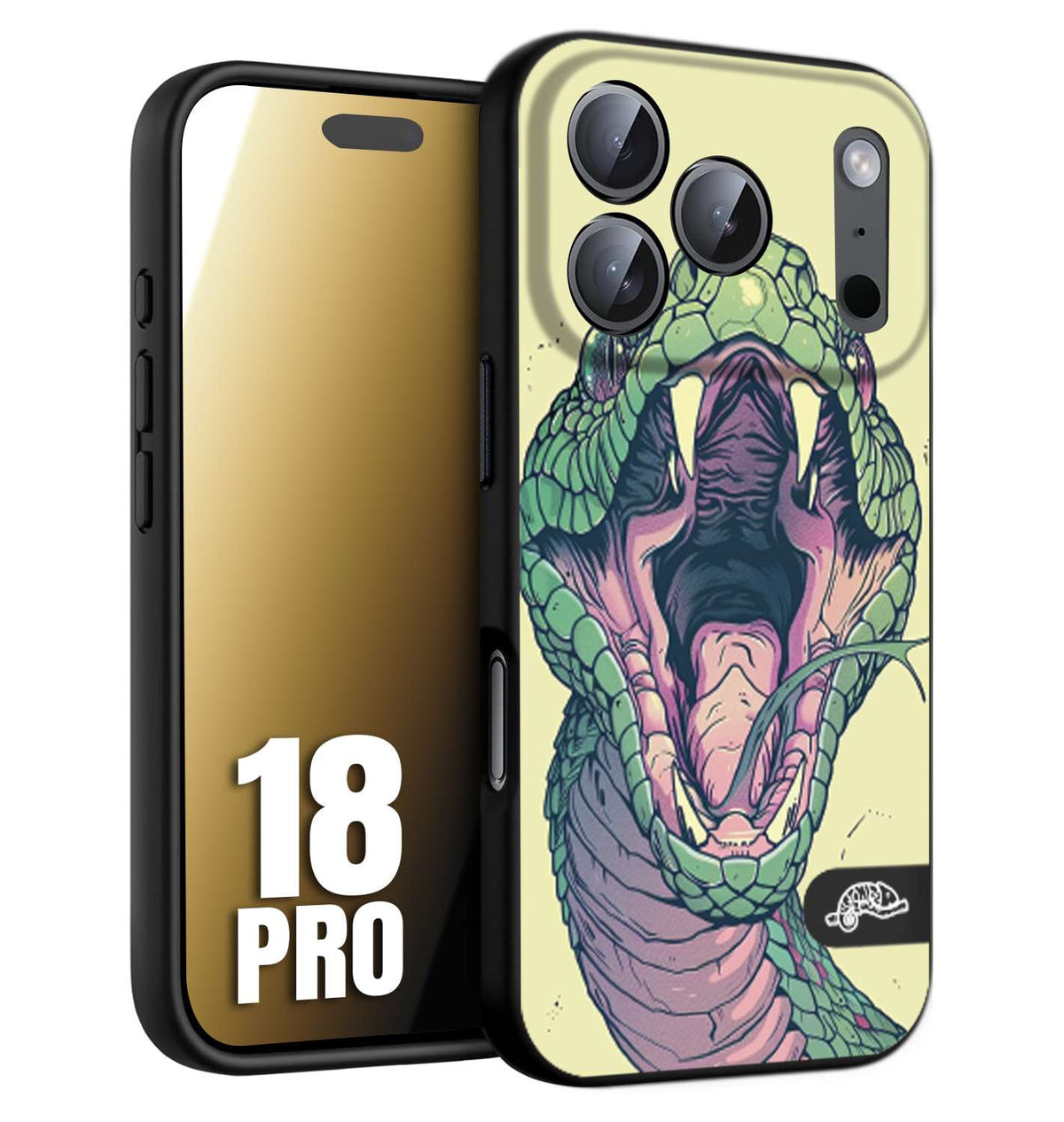CUSTOMIZZA - Custodia cover nera morbida in tpu compatibile per iPhone 18 PRO snake yellow green serpente tatuaggio tattoo disegnato a mano
