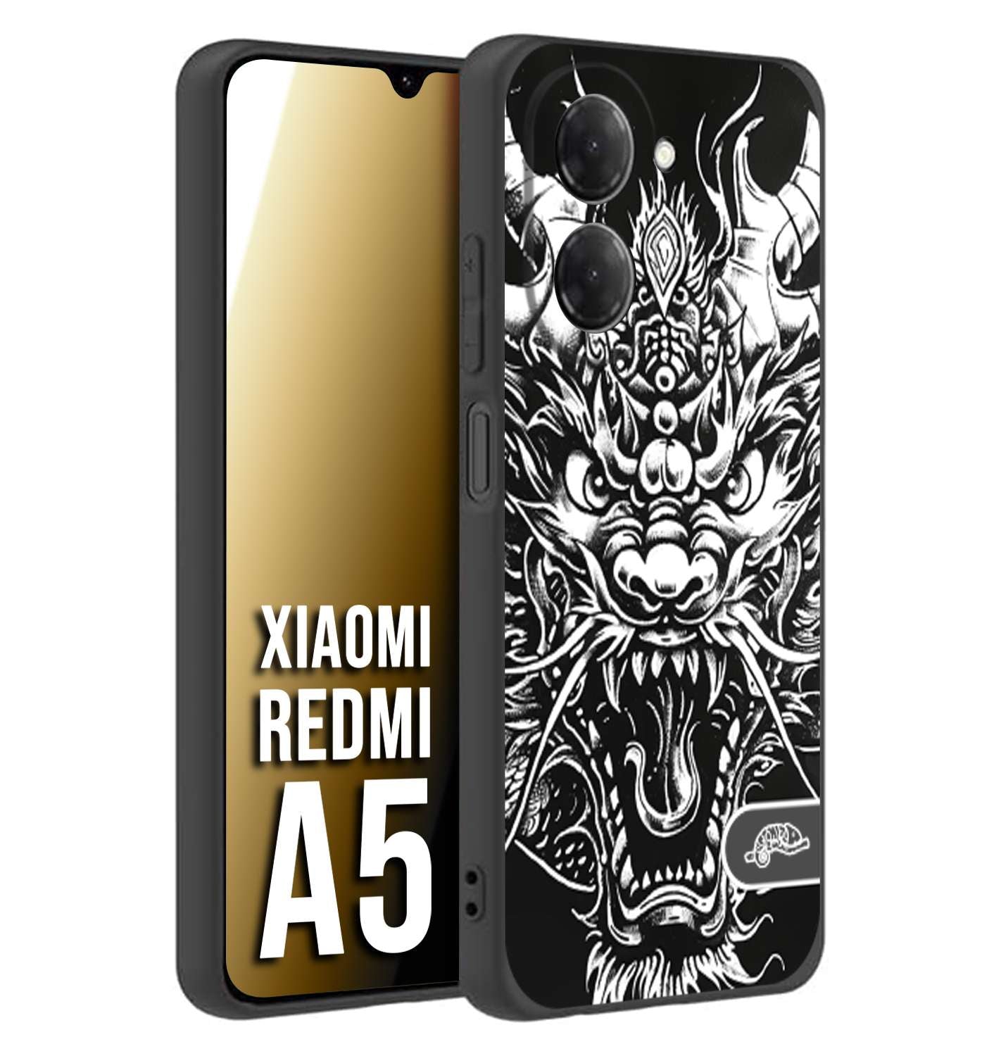 CUSTOMIZZA - Custodia cover nera morbida in tpu compatibile per Xiaomi Redmi A5 drago black and white bianco a rilievo disegnato tattoo tatuaggio