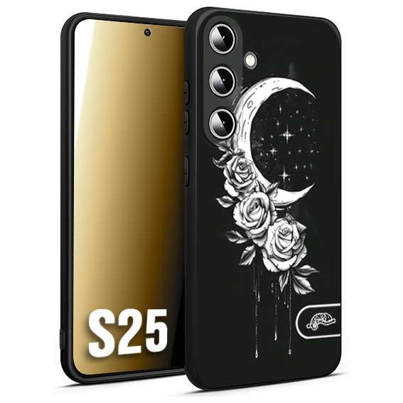 CUSTOMIZZA - Custodia cover nera morbida in tpu compatibile per Samsung S25 luna e fiori moon flowers black and white bianco a rilievo disegnato
