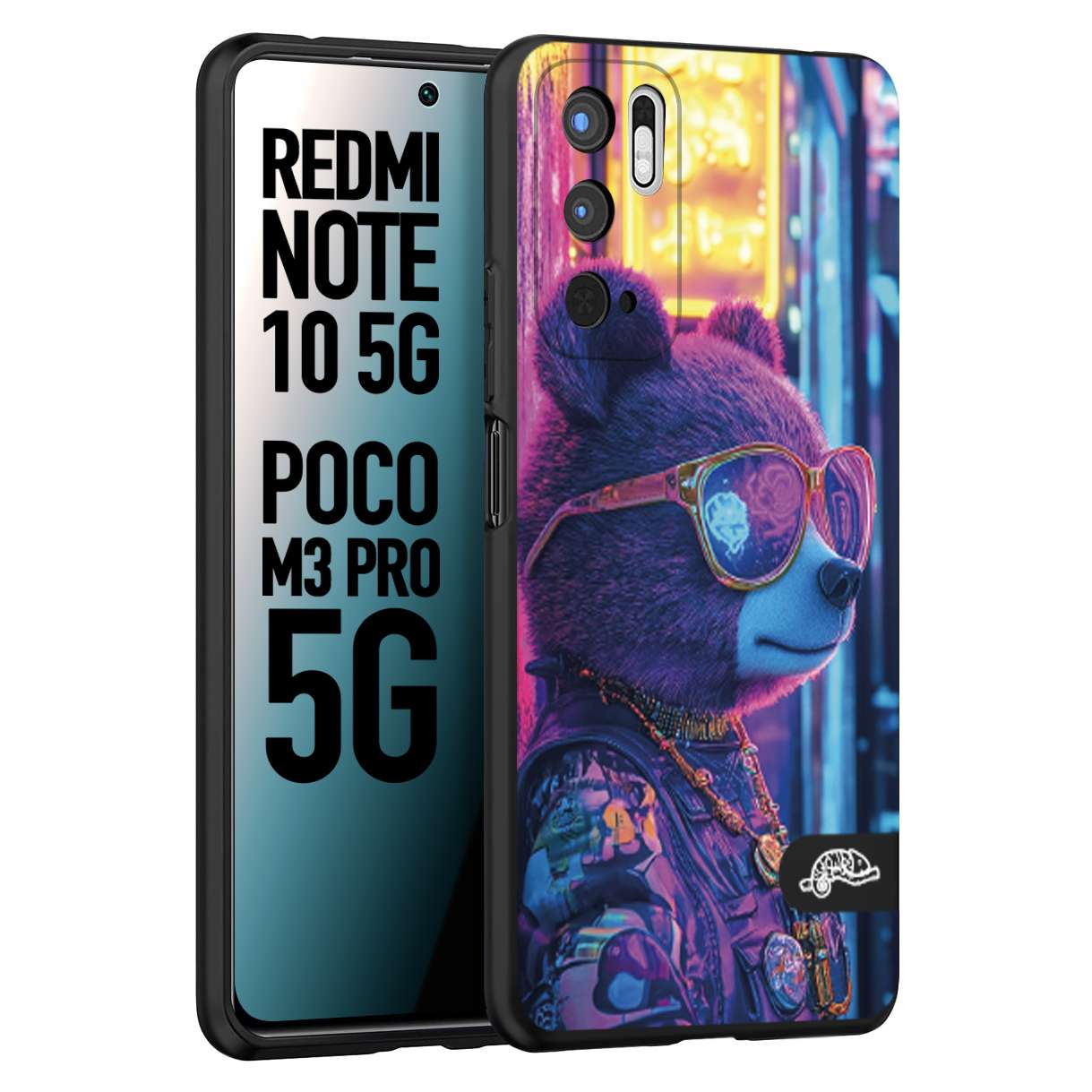 CUSTOMIZZA - Custodia cover nera morbida in tpu compatibile per Xiaomi Redmi Note 10 5G - Poco M3 Pro 5G animali cyberpunk orsetto orso street bear fucsia blu night