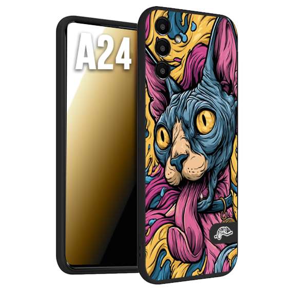 CUSTOMIZZA - Custodia cover nera morbida in tpu compatibile per Samsung A24 Sphynx Colorato Pop Art Psichedelico Gatto Blu Rosa Giallo Artistica Fantasy