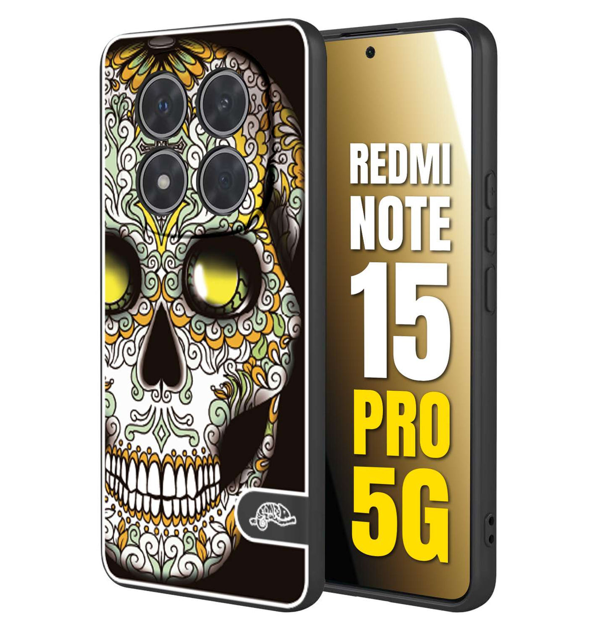 CUSTOMIZZA - Custodia cover nera morbida in tpu compatibile per Xiaomi Redmi Note 15 PRO 5G teschio messicano Mexican skull bianco verde giallo