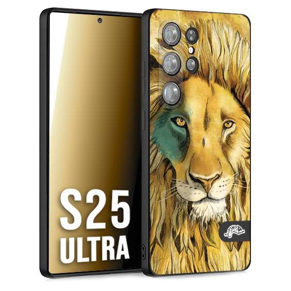 CUSTOMIZZA - Custodia cover nera morbida in tpu compatibile per Samsung S25 ULTRA leone lion disegnato a mano giallo blu a rilievo artistico brown