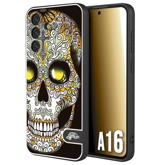CUSTOMIZZA - Custodia cover nera morbida in tpu compatibile per Samsung A16 teschio messicano Mexican skull bianco verde giallo