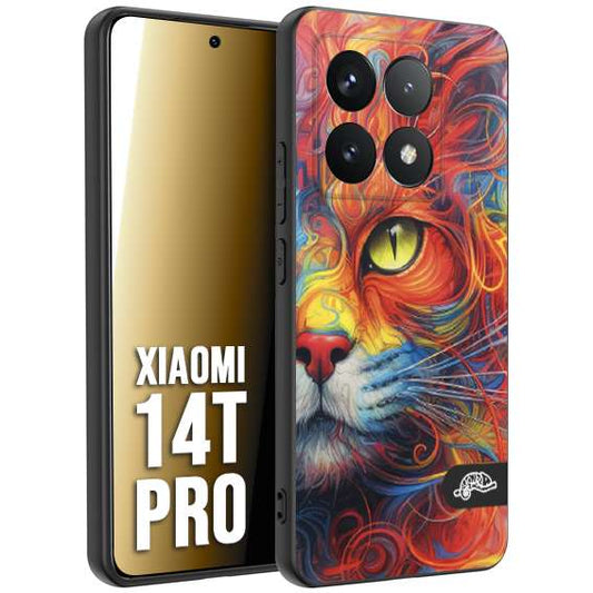 CUSTOMIZZA - Custodia cover nera morbida in tpu compatibile per Xiaomi 14T PRO animali color cat gatto viso colori vibranti disegnato schizzo