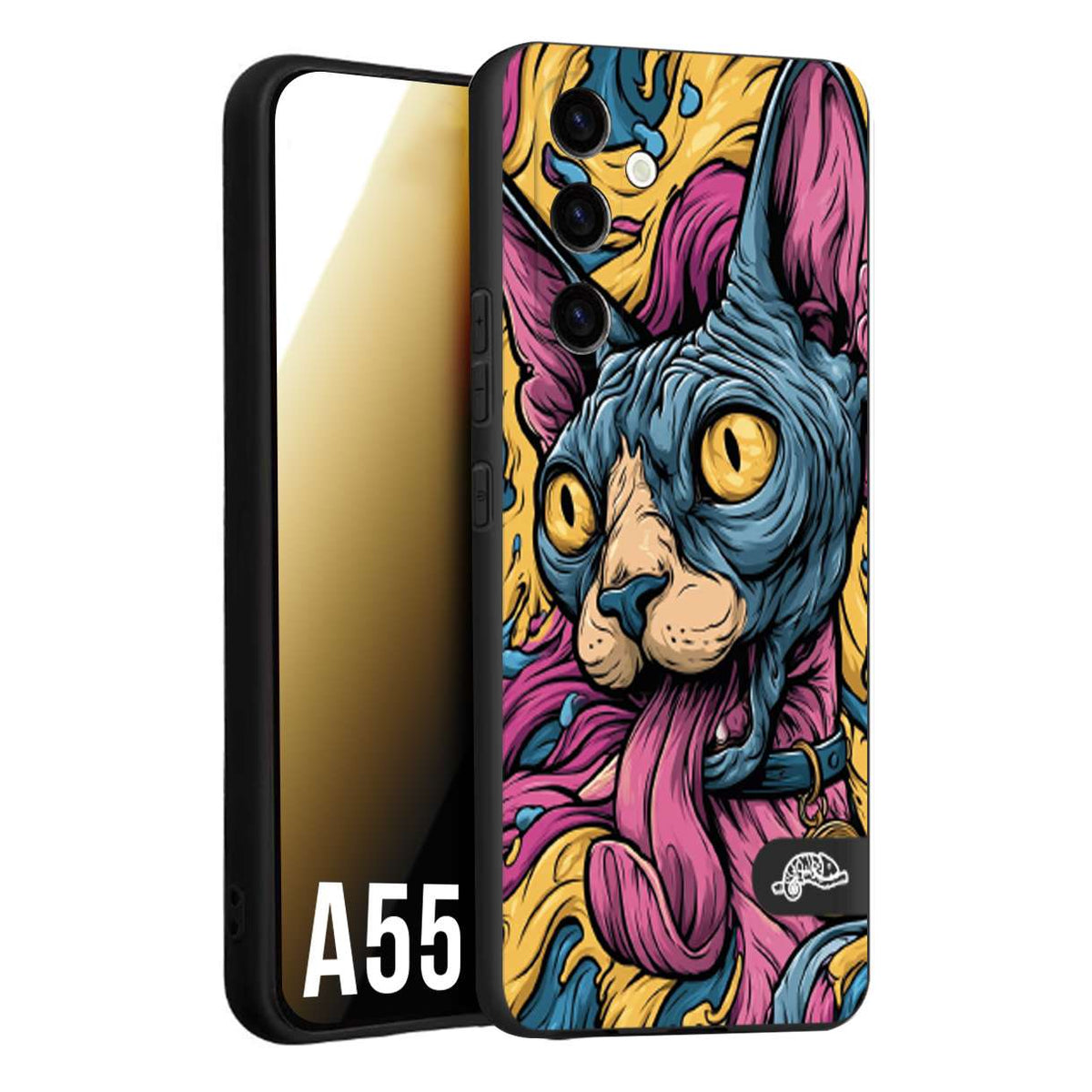 CUSTOMIZZA - Custodia cover nera morbida in tpu compatibile per Samsung A55 5G Sphynx Colorato Pop Art Psichedelico Gatto Blu Rosa Giallo Artistica Fantasy