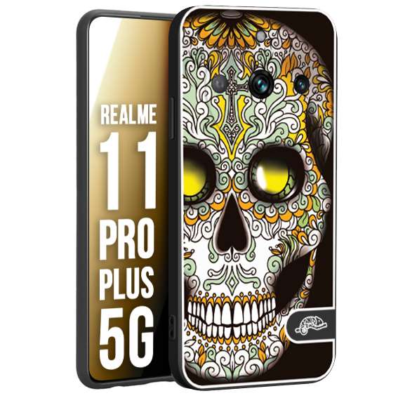 CUSTOMIZZA - Custodia cover nera morbida in tpu compatibile per Oppo Realme 11 PRO PLUS 5G teschio messicano Mexican skull bianco verde giallo