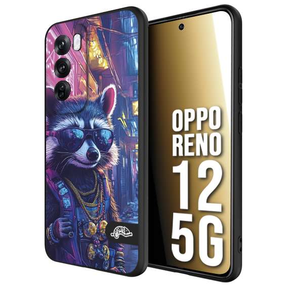 CUSTOMIZZA - Custodia cover nera morbida in tpu compatibile per Oppo Reno 12 5G animali simpatici cyberpunk procione racoon street cat fucsia blu giallo