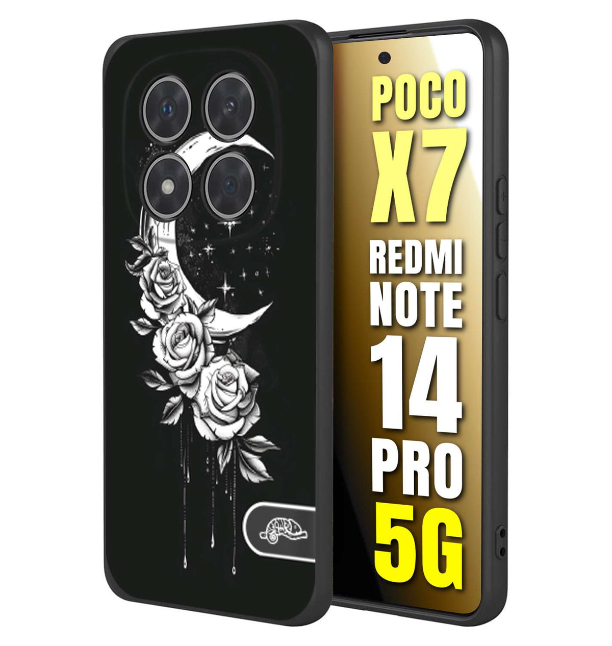 CUSTOMIZZA - Custodia cover nera morbida in tpu compatibile per Xiaomi Redmi Note 14 PRO 5G luna e fiori moon flowers black and white bianco a rilievo disegnato