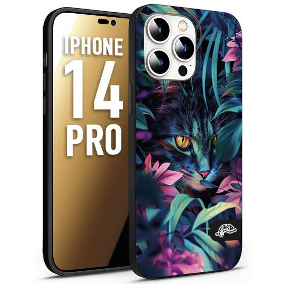 CUSTOMIZZA - Custodia cover nera morbida in tpu compatibile per iPhone 14 PRO animali color giungla tropicale occhio di gatto colori vibranti disegnato