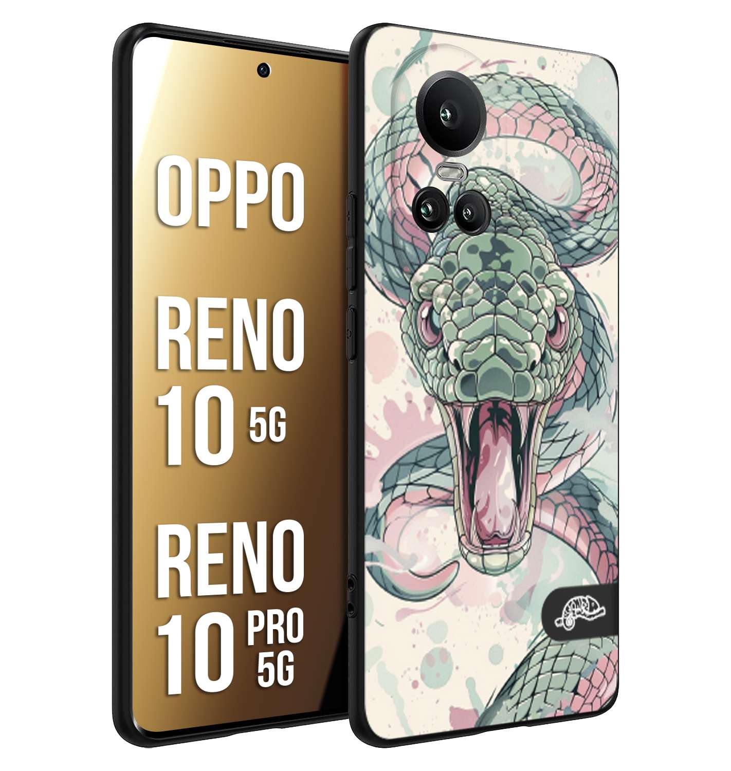 CUSTOMIZZA - Custodia cover nera morbida in tpu compatibile per Oppo Reno 10 5G - 10 PRO 5G snake pink green serpente tatuaggio tattoo disegnato a mano