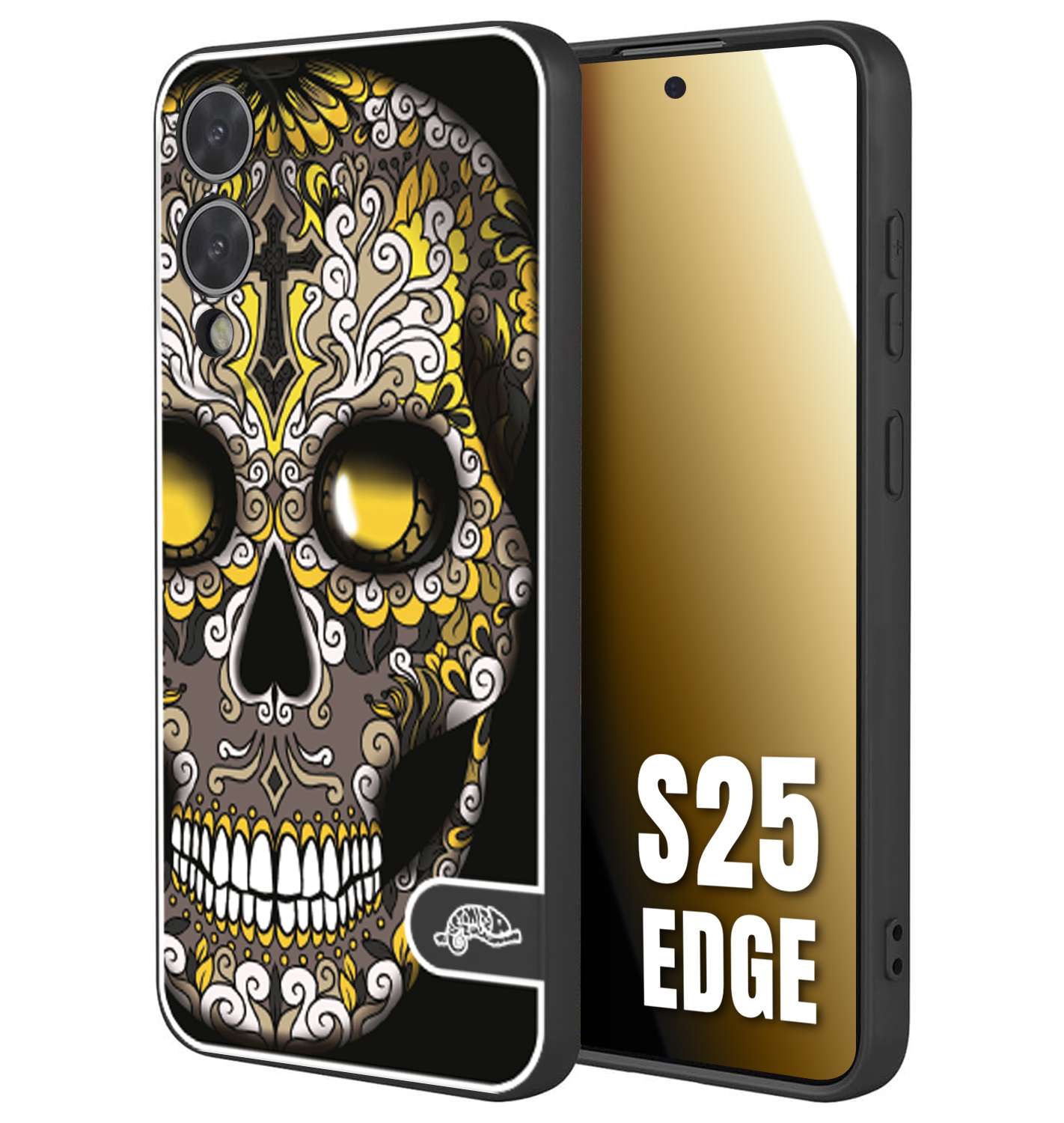 CUSTOMIZZA - Custodia cover nera morbida in tpu compatibile per Samsung S25 EDGE teschio messicano Mexican skull nero giallo