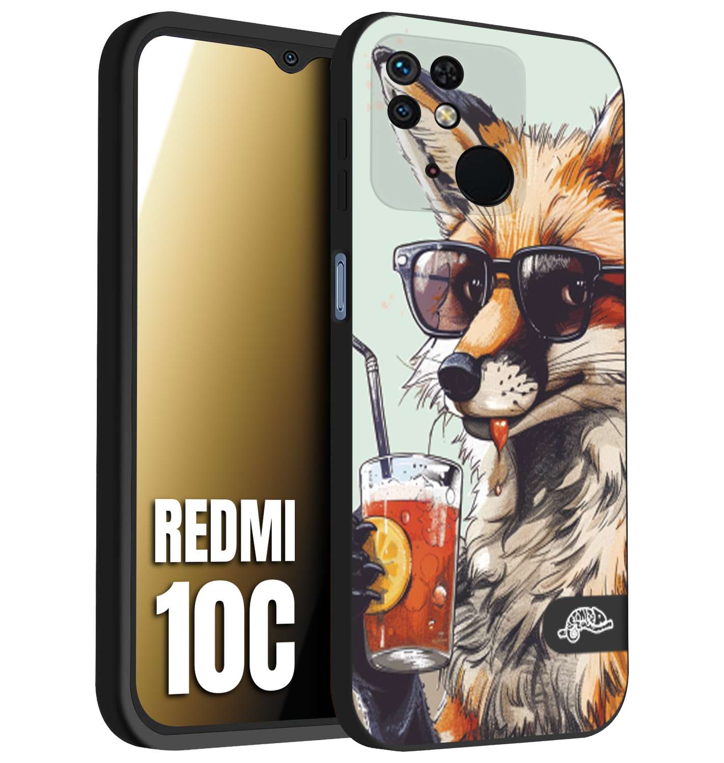 CUSTOMIZZA - Custodia cover nera morbida in tpu compatibile per Xiaomi Redmi 10C estate disegnata cocktails animali simpatici fox volpe negroni