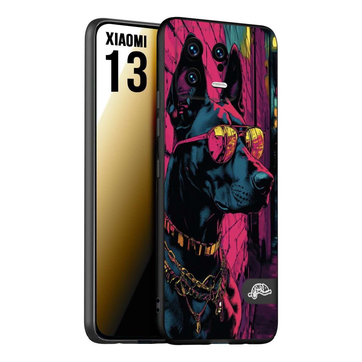 CUSTOMIZZA - Custodia cover nera morbida in tpu compatibile per Xiaomi 13 animali cyberpunk dobermann cane street dog fucsia blu