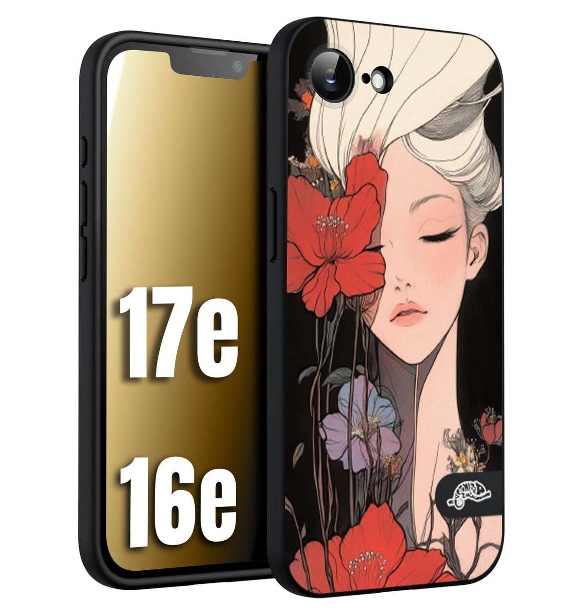 CUSTOMIZZA - Custodia cover nera morbida in tpu compatibile per iPhone 16E - 17E woman flower Fantasia Floreale Design Donna e Fiori, Retro Artistico