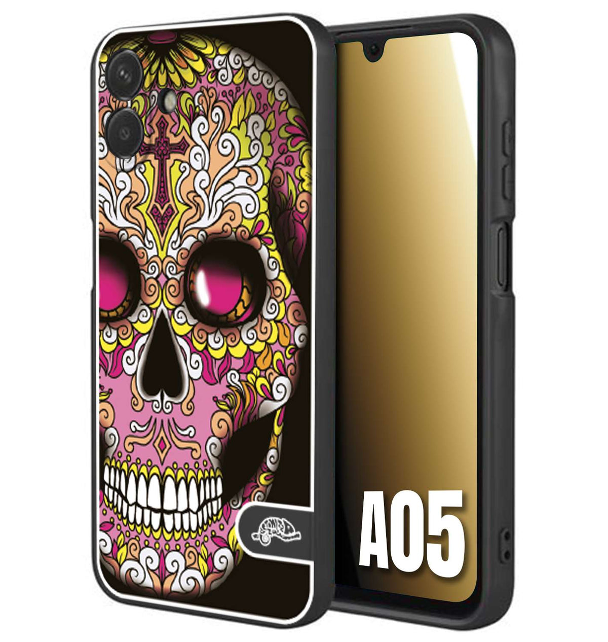 CUSTOMIZZA - Custodia cover nera morbida in tpu compatibile per Samsung A05 teschio messicano Mexican skull rosa gialla