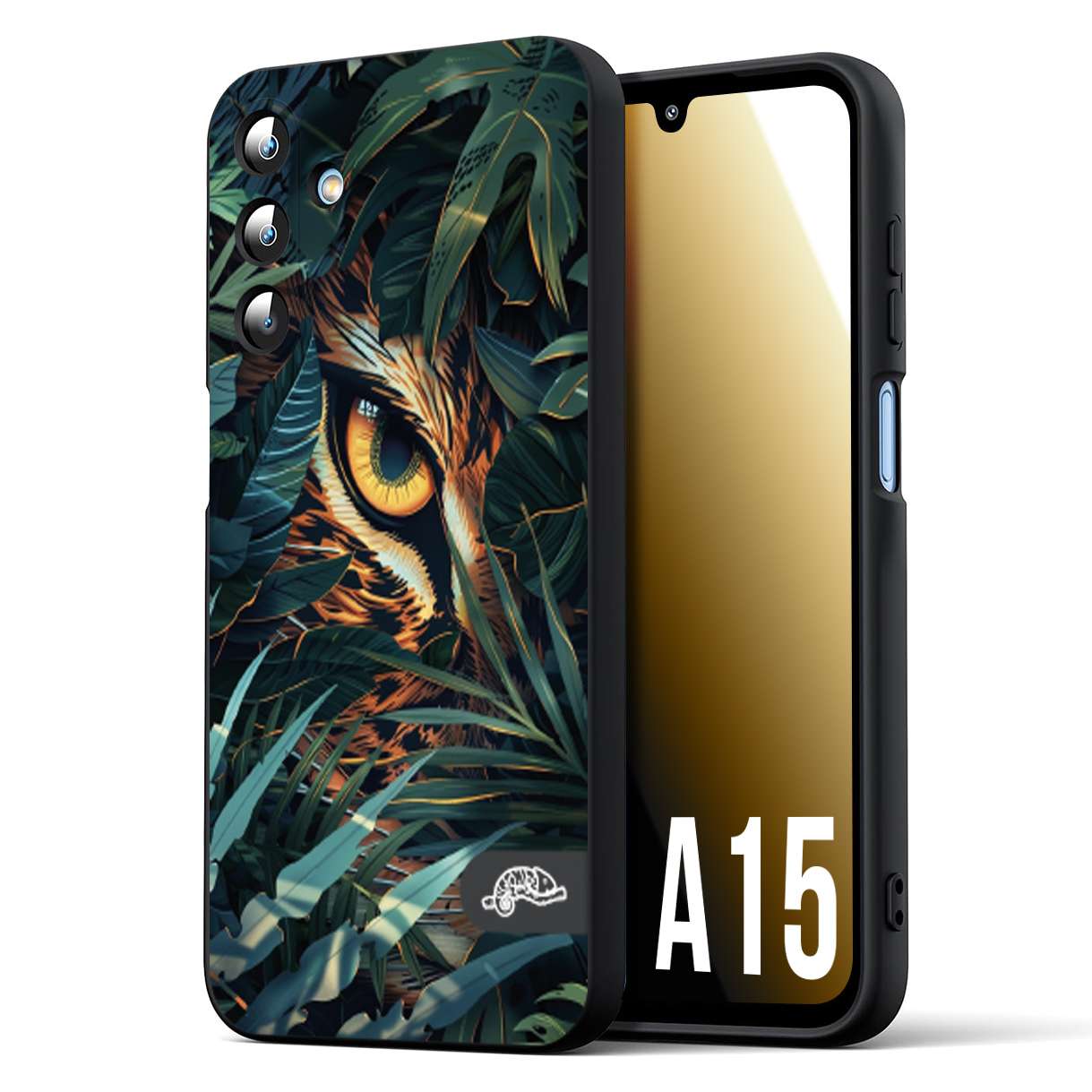 CUSTOMIZZA - Custodia cover nera morbida in tpu compatibile per Samsung A15 5G animali color giungla tropicale occhio di giaguaro felino disegnato