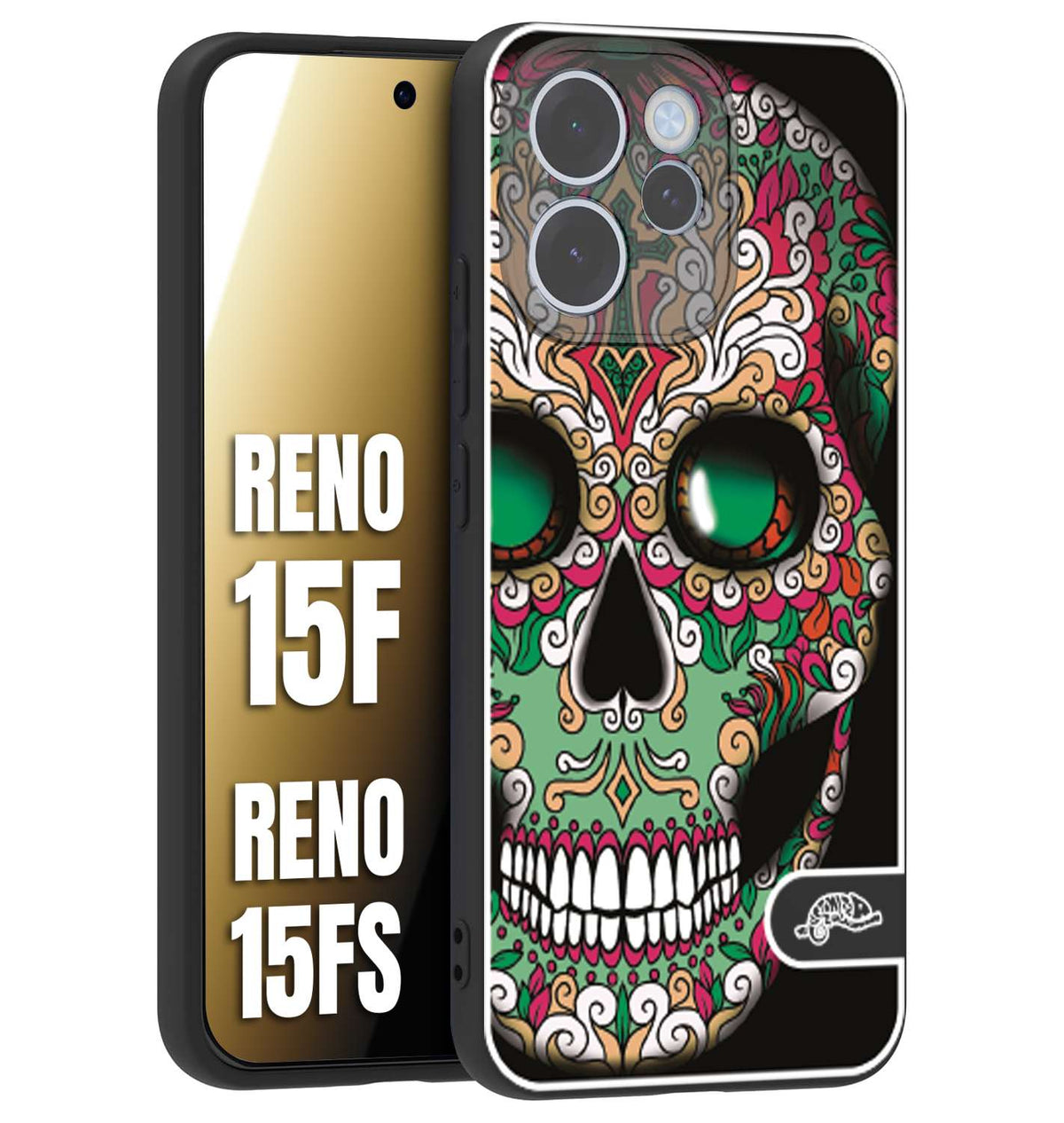 CUSTOMIZZA - Custodia cover nera morbida in tpu compatibile per Oppo Reno 15 F - Reno 15 FS teschio messicano Mexican skull verde fucsia
