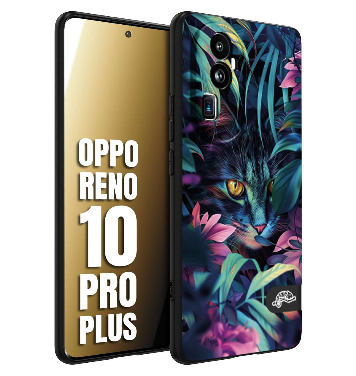 CUSTOMIZZA - Custodia cover nera morbida in tpu compatibile per Oppo Reno 10 PRO PLUS animali color giungla tropicale occhio di gatto colori vibranti disegnato
