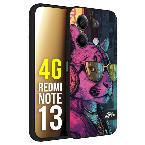 CUSTOMIZZA - Custodia cover nera morbida in tpu compatibile per Xiaomi Redmi Note 13 4G animali cyberpunk pantera street cat fucsia blu giallo