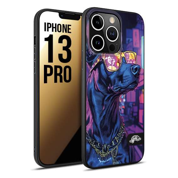 CUSTOMIZZA - Custodia cover nera morbida in tpu compatibile per iPhone 13 PRO animali cyberpunk dobermann cane street dog fucsia blu night