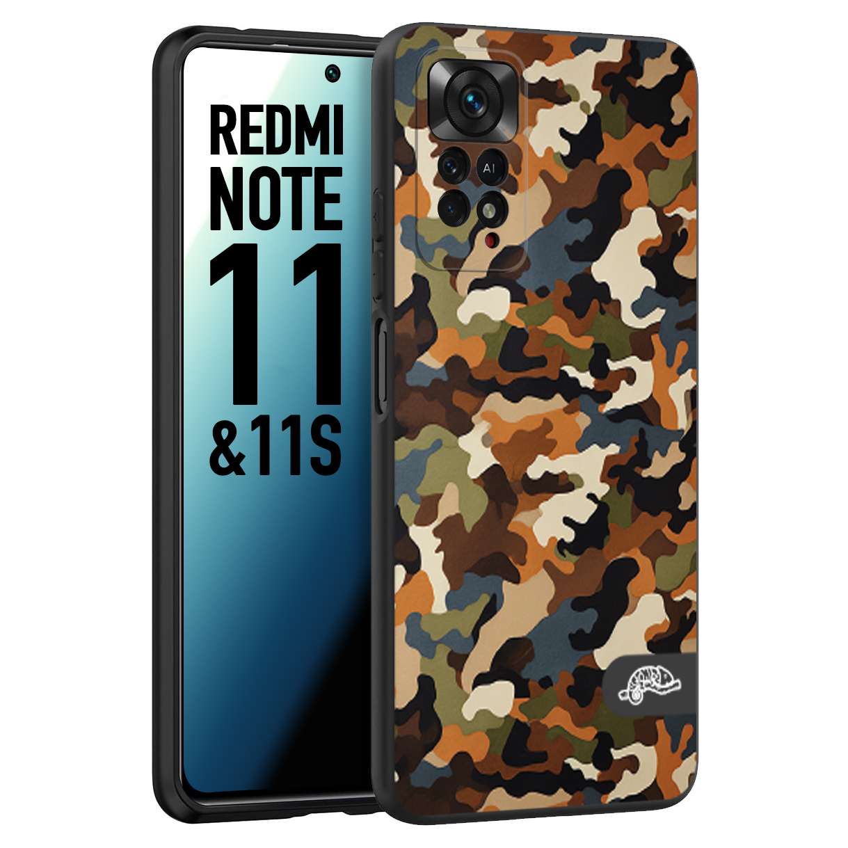 CUSTOMIZZA - Custodia cover nera morbida in tpu compatibile per Xiaomi Redmi Note 11 - Note 11S camouflage mimetico militare moderno blu marrone beige