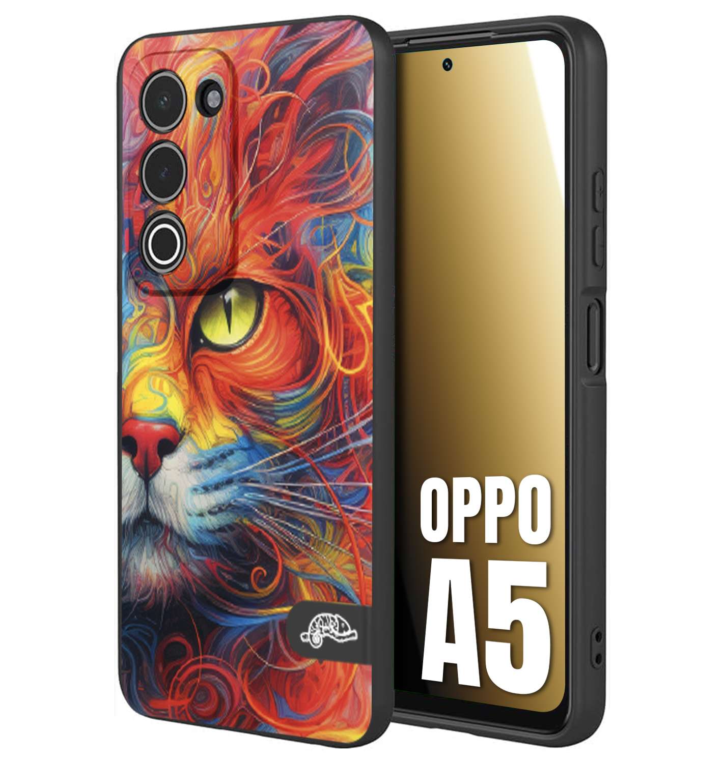CUSTOMIZZA - Custodia cover nera morbida in tpu compatibile per Oppo A5 animali color cat gatto viso colori vibranti disegnato schizzo