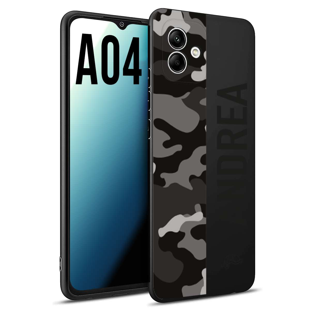 CUSTOMIZZA - Custodia cover nera morbida in tpu compatibile per Samsung A04 camouflage mimetico militare personalizzata nome