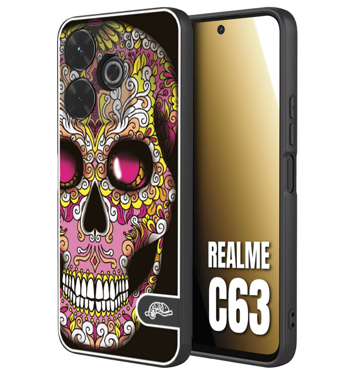 CUSTOMIZZA - Custodia cover nera morbida in tpu compatibile per Realme C63 teschio messicano Mexican skull rosa gialla