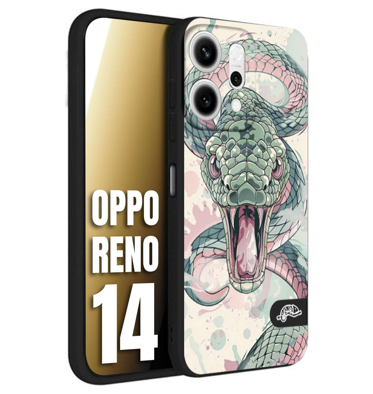 CUSTOMIZZA - Custodia cover nera morbida in tpu compatibile per Oppo Reno 14 snake pink green serpente tatuaggio tattoo disegnato a mano