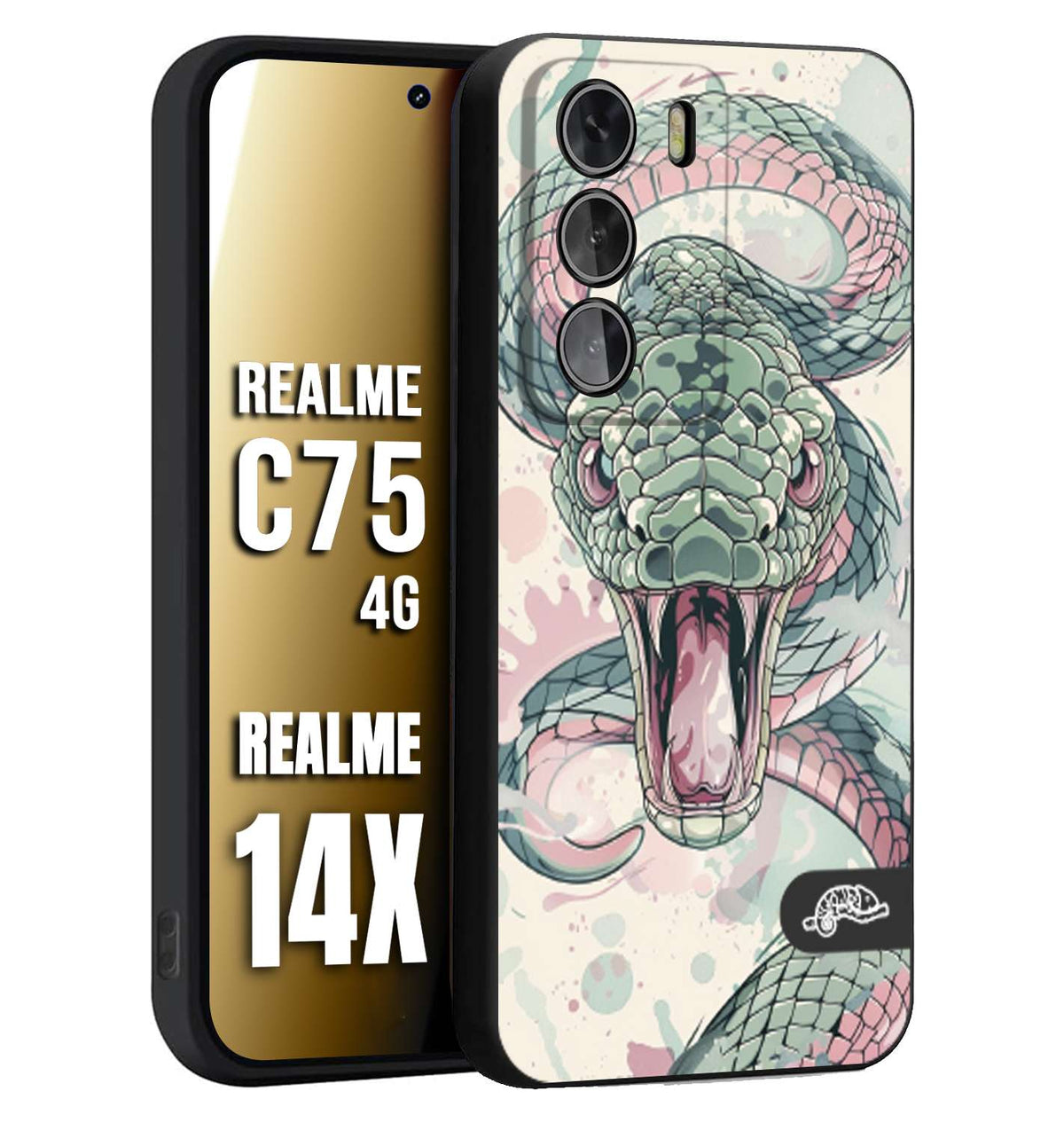 CUSTOMIZZA - Custodia cover nera morbida in tpu compatibile per Realme 14X - C75 4G snake pink green serpente tatuaggio tattoo disegnato a mano