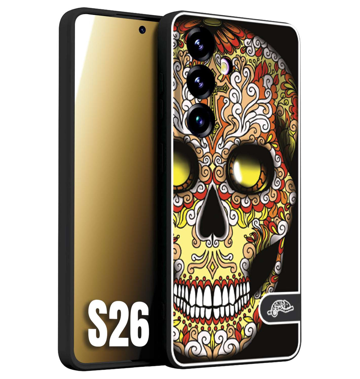CUSTOMIZZA - Custodia cover nera morbida in tpu compatibile per Samsung S26 teschio messicano Mexican skull giallo rosso arancio